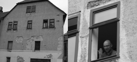 Links: Burg 19, Rechts: NPD-Kreistagsmitglied am 21. Juni 2014 am Fenster des braunen Immobilienprojektes