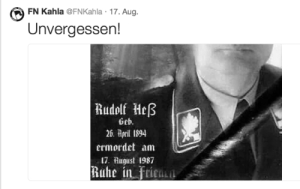     Betreut Internet-Accounts vom "FN Kahla", "NPD Kahla" und "Wir für Kahla": David Buresch. Am 17. August 2014 huldigte er dem verstorbenen Hitler-Stellvertreter Rudolf Hess. In den letzten Jahren gab es rund um den 17. August immerwieder Straftaten und Schmierereien mit Hess-Konterfei in Kahla